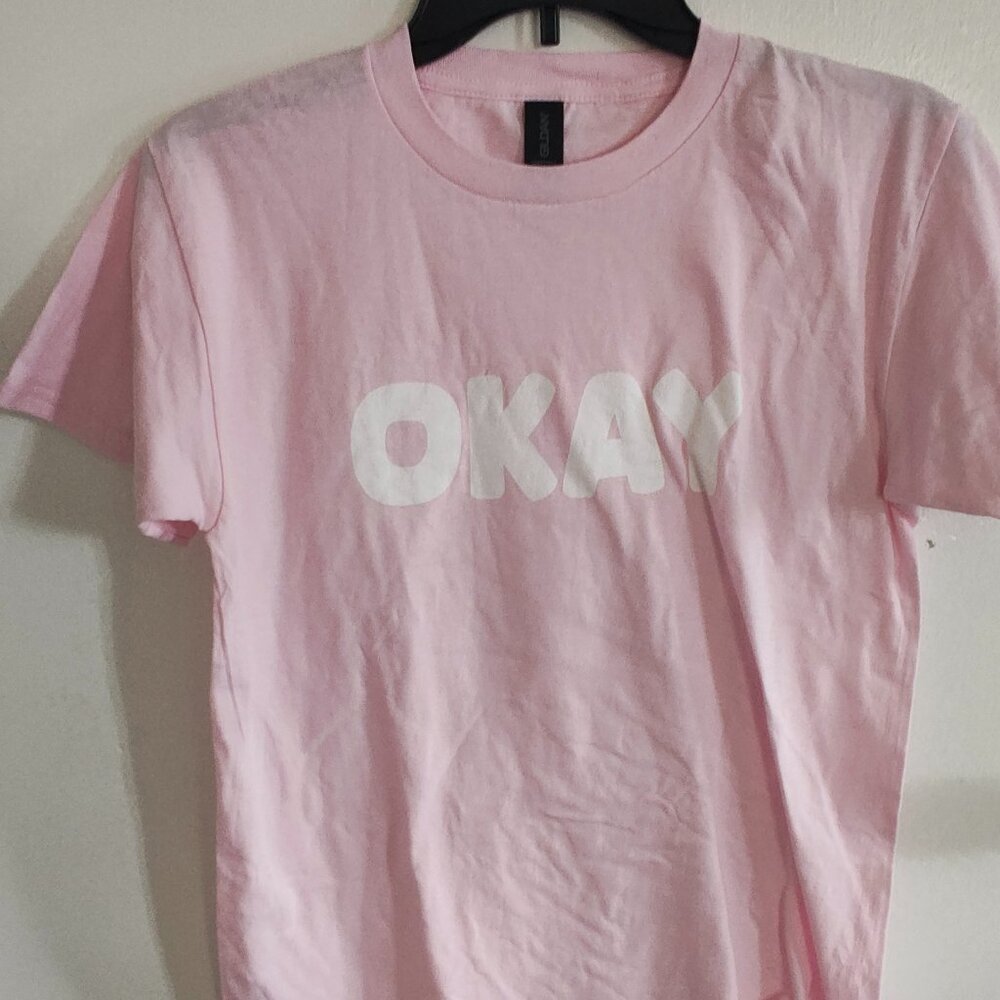 Gildan Softstyle Pink “OKAY” Graphic Tee – Size L – Casual Unisex T-Shirt